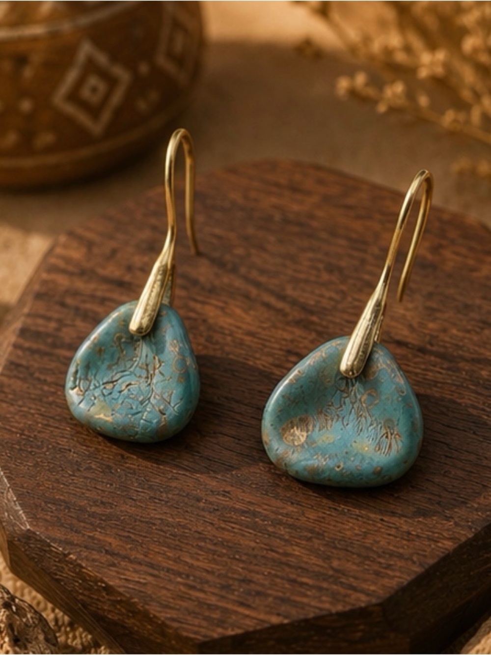 Turquoise Blue Gold-Accented Drop Earrings - Women Jewelry